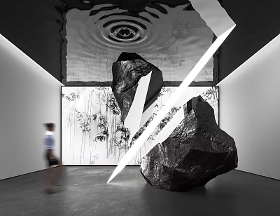 Black Stone Sculpture With White Lines Against Tree Patterns Background And Person Walking Nearby 3d model