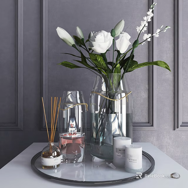 Elegant Decorative Ornament Set With White Flowers Glass Vase Diffuser Sticks And Candles On Tray 3d model 