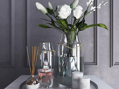 Elegant Decorative Ornament Set With White Flowers Glass Vase Diffuser Sticks And Candles On Tray 3d model
