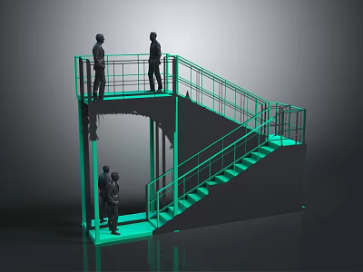 Modern Green Staircase With Metal Railings And People Standing On Platform 3d model