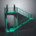 Modern Green Staircase With Metal Railings And People Standing On Platform