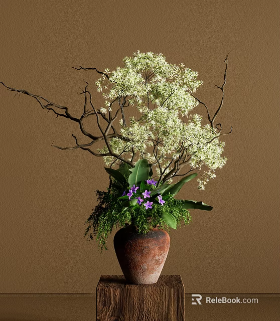 Terracotta Vase With White Flowers Purple Blooms Green Leaves And Twigs On Brown Wall Background 3d model 