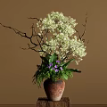 Terracotta Vase With White Flowers Purple Blooms Green Leaves And Twigs On Brown Wall Background