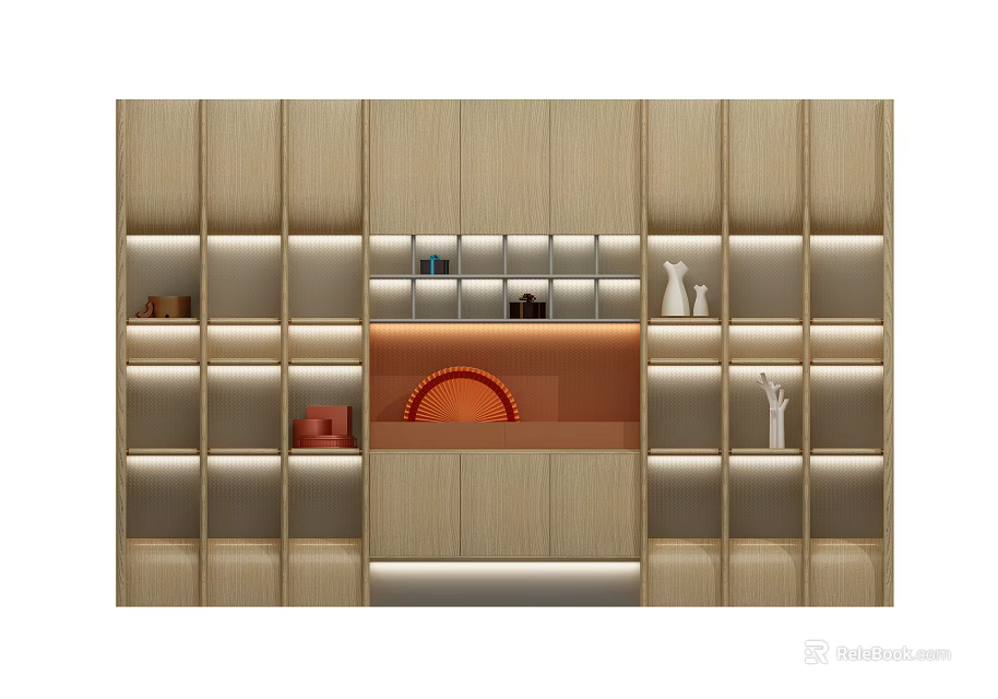 Modern Wooden Tea Cabinet With Illuminated Shelves And Decorative Tea Sets 3d model 