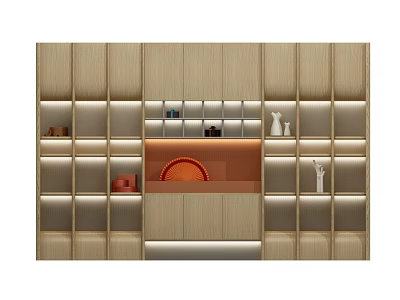 Modern Wooden Tea Cabinet With Illuminated Shelves And Decorative Tea Sets 3d model