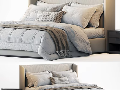 Elegant Double Bed With Upholstered Headboard Decorative Pillows Soft Bedding And Nightstand 3d model