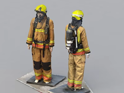 Firefighter Mannequins In Front And Back View With Protective Uniform Yellow Helmet And Breathing Apparatus 3d model