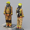 Firefighter Mannequins In Front And Back View With Protective Uniform Yellow Helmet And Breathing Apparatus