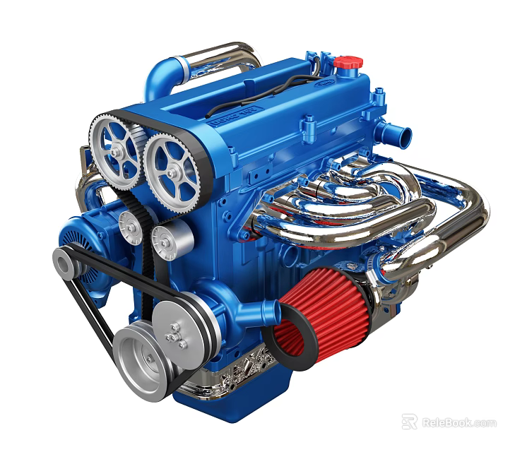 Blue Engine with Multiple Gears Pipes and Red Air Filter Mechanical Design 3d model 