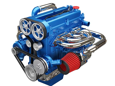 Blue Engine with Multiple Gears Pipes and Red Air Filter Mechanical Design 3d model