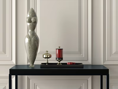 Decorative Ornament Set With Gray White Sculpture Tray Red Candle Gold Accents On Black Table 3d model