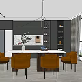 Modern Restaurant Interior With Gray Cabinets Orange Chairs And Marble Dining Table 3d model