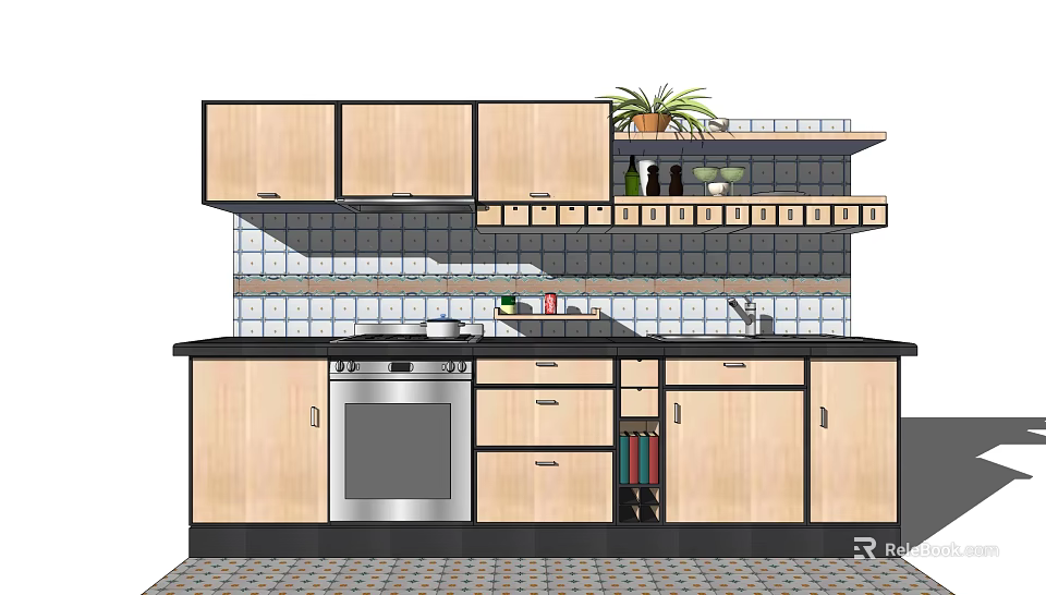 Wooden Kitchen Cabinets with Tiled Backsplash Stove Sink and Potted Plant 3d model 