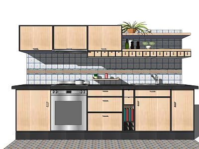 Wooden Kitchen Cabinets with Tiled Backsplash Stove Sink and Potted Plant 3d model