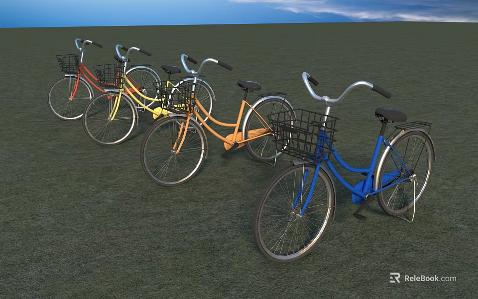 Colorful Bicycles With Front Baskets Parked On Green Grass Under Blue Sky 3d model 