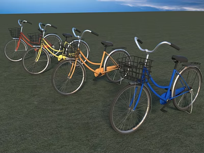 Colorful Bicycles With Front Baskets Parked On Green Grass Under Blue Sky 3d model