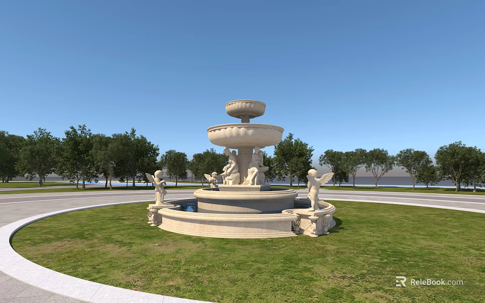 Classical Garden Fountain with Multi Tiered Structure and Sculptures on Green Lawn Under Blue Sky 3d model 