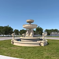 Classical Garden Fountain with Multi Tiered Structure and Sculptures on Green Lawn Under Blue Sky