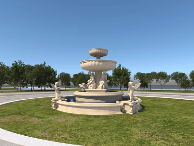Classical Garden Fountain with Multi Tiered Structure and Sculptures on Green Lawn Under Blue Sky 3d model