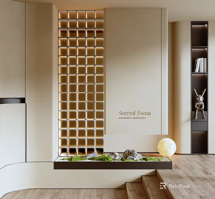 Modern Entryway Hallway Design With Lattice Partition Green Plants Decorative Stones And Round Lamp 3d model 