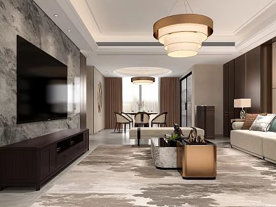 Modern Elegant Living And Dining Room With Dark Wooden TV Cabinet Light Sofa Pendant Lights 3d model