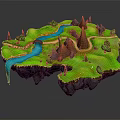 Cartoon Floating Island Scene With Green Grass Blue River Waterfall Brown Mountains And Winding Path