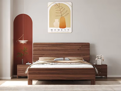 Modern Bedroom Interior Design With Wooden Bed Frame Wall Art And Nightstands 3d model