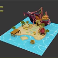 Cartoon Pirate Ship Scene With Beach Palm Trees Pink Octopus Barrels And Blue Water Waves