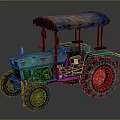 Old Teal Rusty Tractor With Blue Canopy And Red Rimmed Wheels 3d model