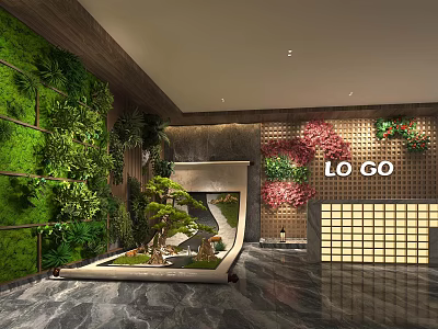 Hotel Lobby Interior Featuring Green Vertical Plant Wall Red Floral Decoration Logo And Marble Floor 3d model