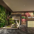 Hotel Lobby Interior Featuring Green Vertical Plant Wall Red Floral Decoration Logo And Marble Floor