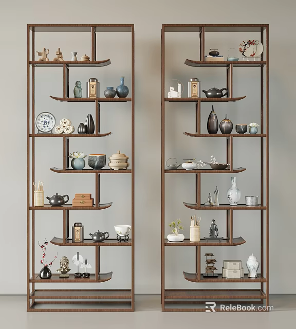 Chinese Curio Shelves Multi Tiered Wooden Design Displaying Ceramic Vases Tea Sets And Decorative Items 3d model 