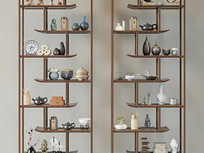 Chinese Curio Shelves Multi Tiered Wooden Design Displaying Ceramic Vases Tea Sets And Decorative Items 3d model