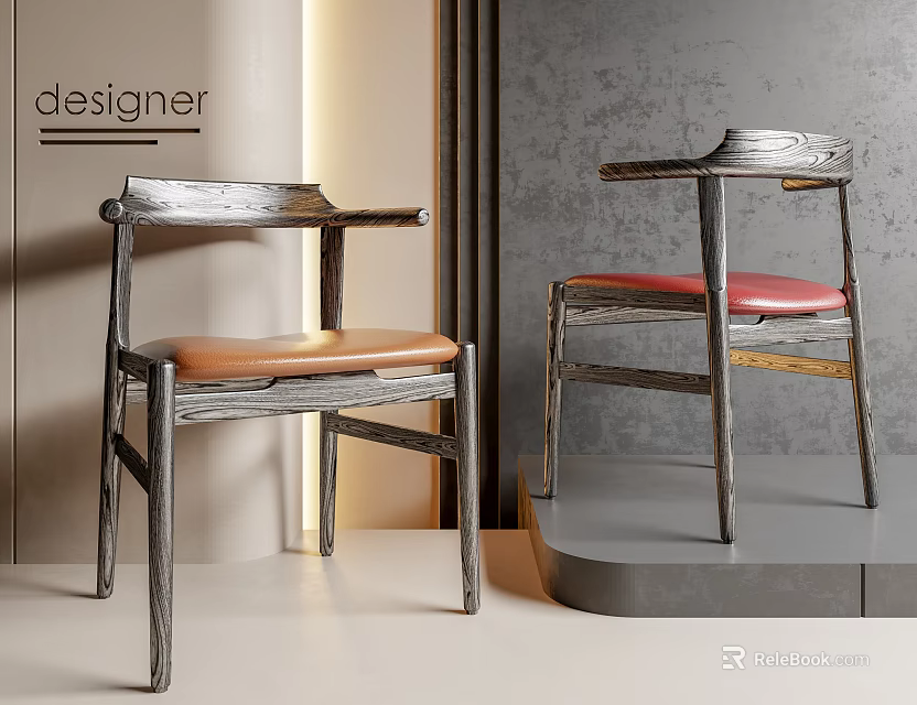 Designer Modern Leisure Chair With Metal Frame And Leather Cushion In Brown Red 3d model 