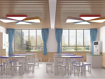 School Cafeteria Interior Design With Tables Chairs Windows Blue Curtains And Colorful Ceiling Lights 3d model