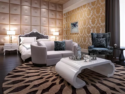 Elegant Bedroom Interior Design With Double Bed in Background Sofa Chair Patterned Wallpaper And Area Rug 3d model