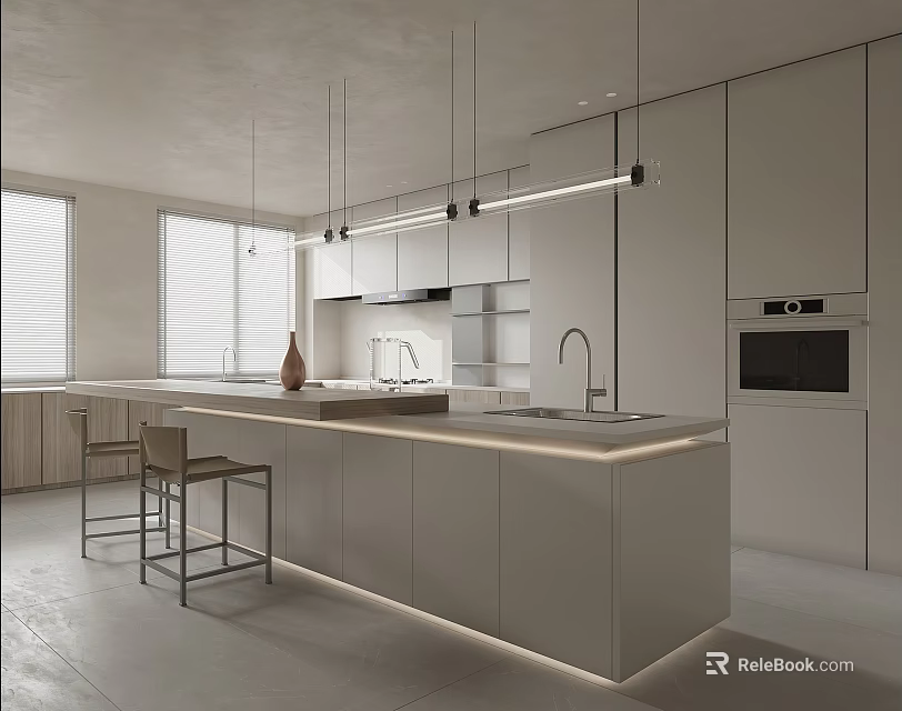 Modern Kitchen Interior With Island Counter White Cabinets And Hanging Lights 3d model 