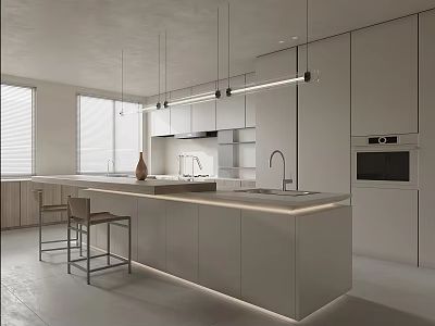 Modern Kitchen Interior With Island Counter White Cabinets And Hanging Lights 3d model