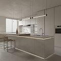 Modern Kitchen Interior With Island Counter White Cabinets And Hanging Lights