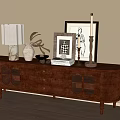Elegant Wooden TV Stand with Drawers Glass Doors Lamp Vase Plant Frames on Beige Wall