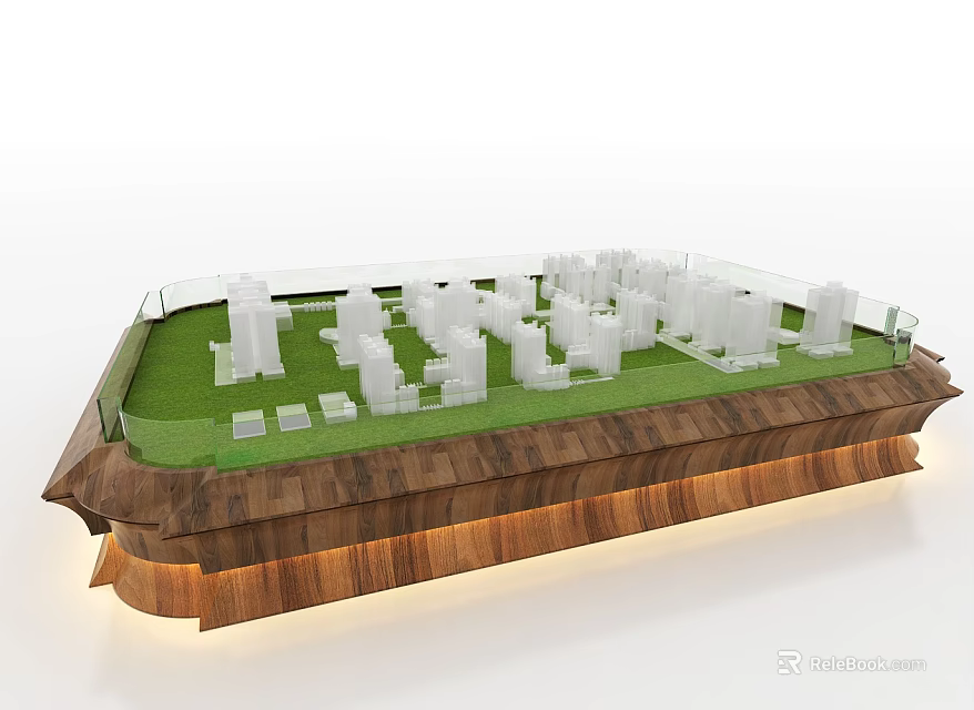 Commercial Equipment City Model With Wooden Base Green Grass White Buildings And Glass Fence 3d model 