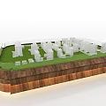 Commercial Equipment City Model With Wooden Base Green Grass White Buildings And Glass Fence