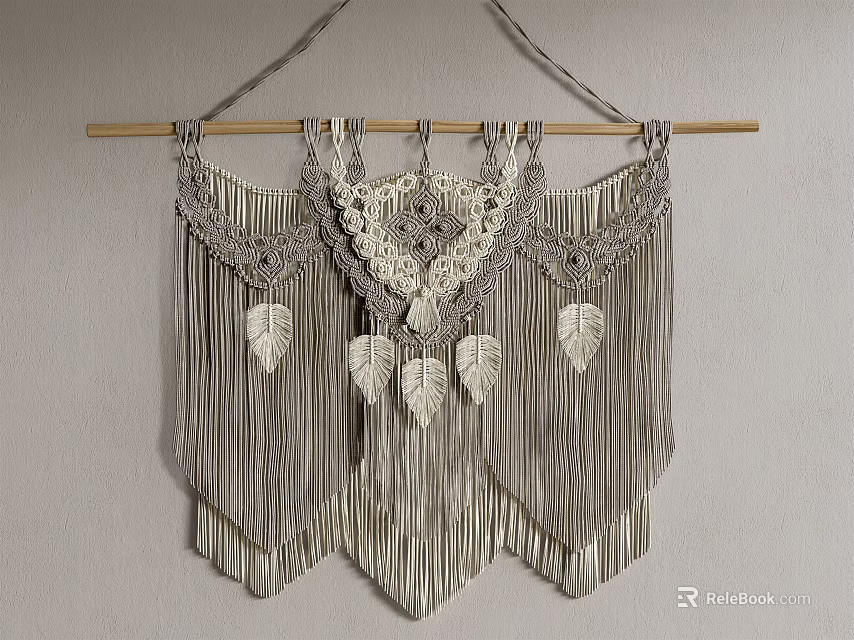 Gray And White Macrame Wall Hanging With Leaf Decorations And Tassels For Home Decor 3d model 
