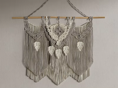 Gray And White Macrame Wall Hanging With Leaf Decorations And Tassels For Home Decor 3d model