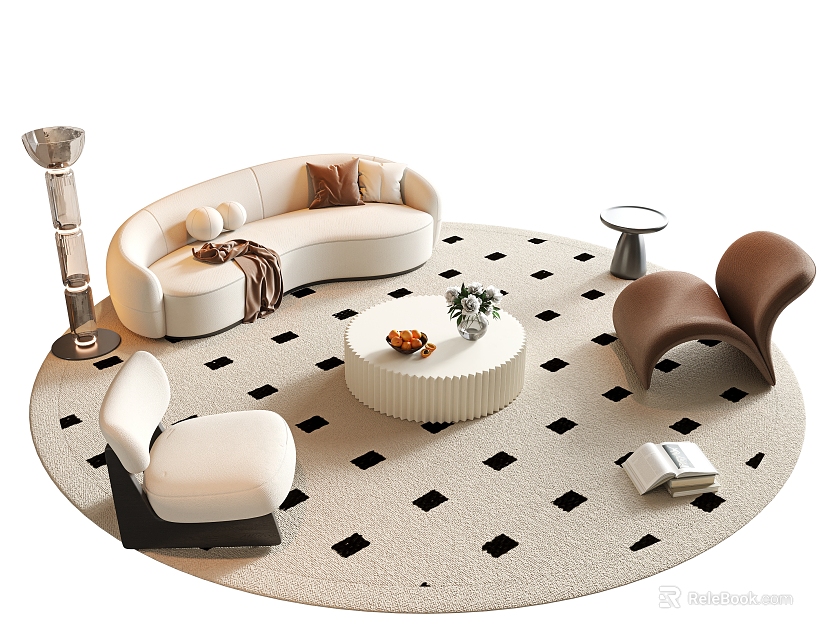 Curved White Sofa And Coffee Table Set With Brown Accent Chair Black White Diamond Rug 3d model 