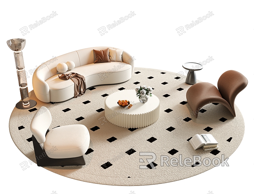 Cream Style Sofa Coffee Table Combination Multi-person Sofa Curved Sofa Round Coffee Table Single Sofa Chair Floor Lamp Carpet Side Table Jewelry Ornaments model