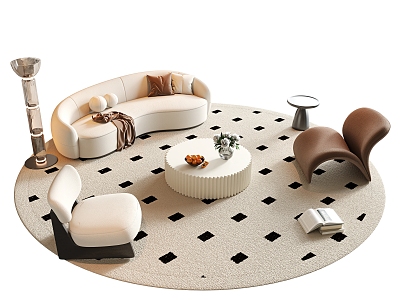 Cream Style Sofa Coffee Table Combination Multi-person Sofa Curved Sofa Round Coffee Table Single Sofa Chair Floor Lamp Carpet Side Table Jewelry Ornaments model