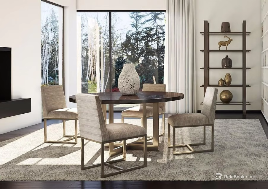 Round Dining Table Set With Four Beige Upholstered Chairs Metal Frame Vase And Large Windows 3d model 