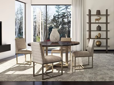 Round Dining Table Set With Four Beige Upholstered Chairs Metal Frame Vase And Large Windows 3d model