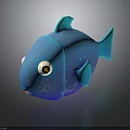 Blue Cartoon Style Fish With Big Eyes And Colorful Spots On Dark Background